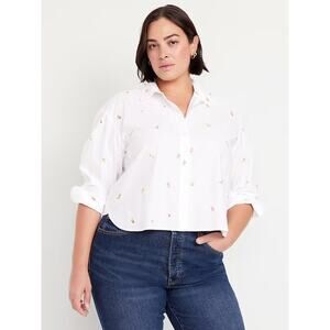 Old Navy Plus 2X White Floral Embroidered Cropped Shirt Cotton Button Down Shirt